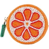 DONGSUO Handmade Beaded Round Coin Purse, Fruit Orange Floral Pattern, Small Money Wallet with Zipper Closure (lemon)