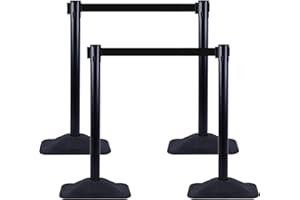 ORANGESTAR OangeStar 4-Pack Commercial Crowd Control Stanchions with 10ft Retractable Belt - Heavy Duty Queue Barriers for Events, Black Rubber Base Post for High Traffic Areas, Banks & Retail Stores