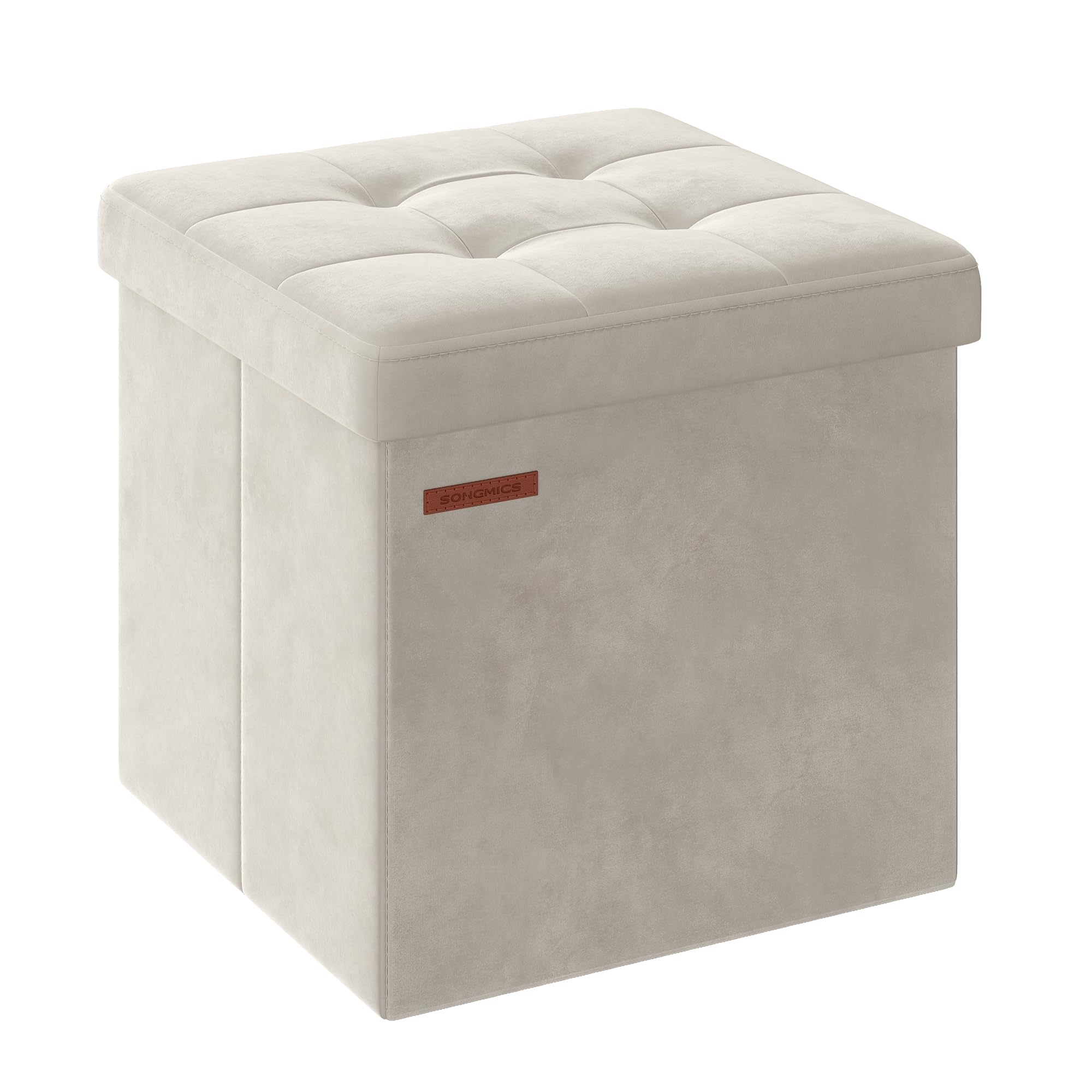 SONGMICS Storage Ottoman, Foldable Small Ottoman Foot Rest, 38 x 38 cm Foot Stool, Ottoman with Storage, Load up to 300 kg, for Living Room, Bedroom, Dorm, Cream White LSF227W51