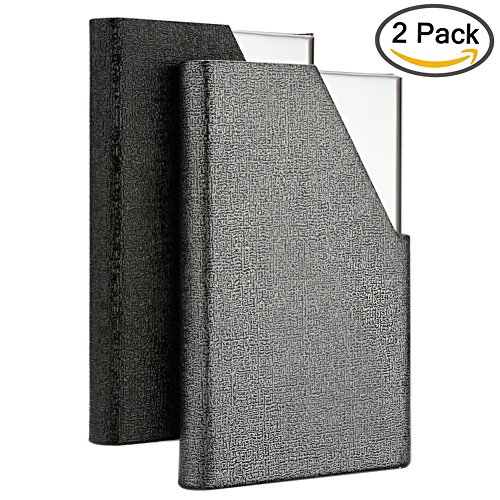KISSWILL Business Card Holoders, 2 Pack PU Leather and Stainless Steel Business Card Case with Magnetic Shut, Business Card Wallet Credit Card Case for Men and Women (Gray/Black)