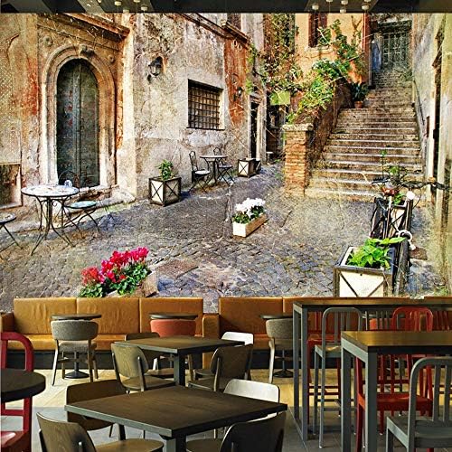 L22LW mural 3D European Retro Street Bar Cafe Background Wall Paper Ktv City Street View Construction Tea Shop Mural, 254Cm*184Cm (H)