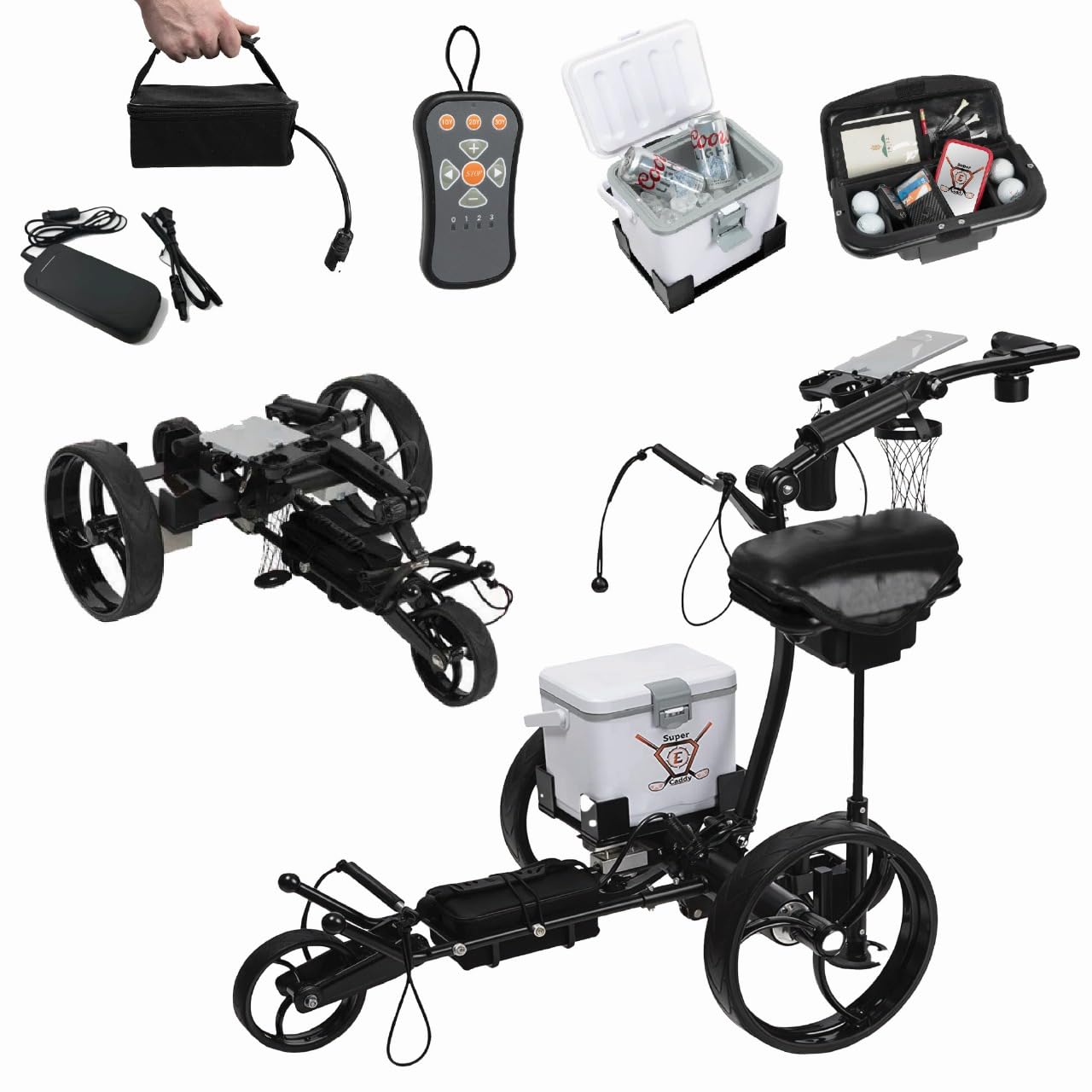 Photo 1 of Super E Caddy Pro Electric Golf Cart – Black Foldable Motorized Caddy with Remote, Seat, 6-Pack Cooler, 24v Li Battery Lasts 36 Holes, USB Port, Scorecard Holder, Umbrella Mount