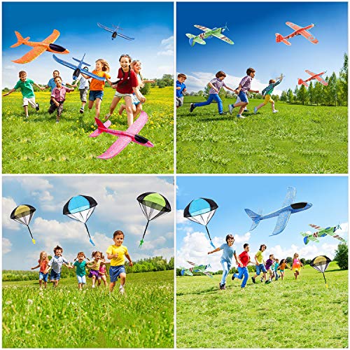 18 Pack Airplane Parachute for Kids, 2Pcs 13.5” Throwing Aircraft Kits+12Pcs 8” Glider Planes+4Pcs Tangle Free Parachute Toy, Outdoor Model Foam Airplane Jet Flying Toys for Boys Girls Toddlers Teens