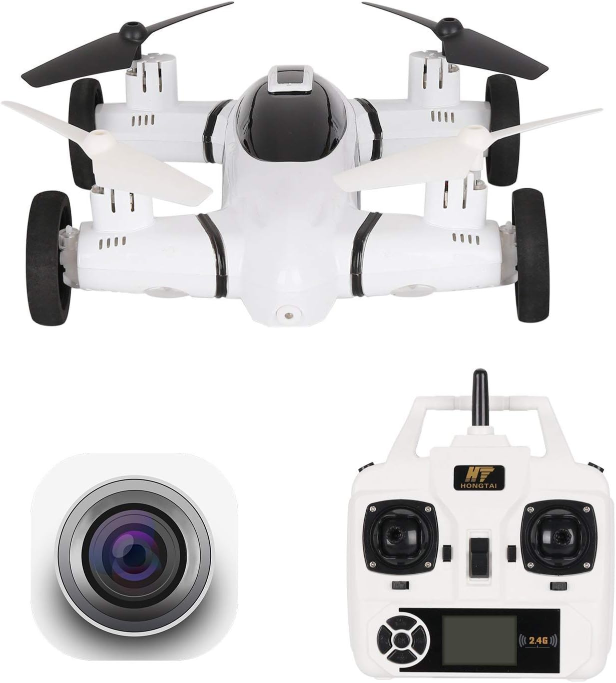 Flying Drone Car Air-Ground Drone with 480P HD Camera Live Video，HT Drone Quadcopters with 3D Flip,RC Camera Car with Bonus Battery Double Flight Time