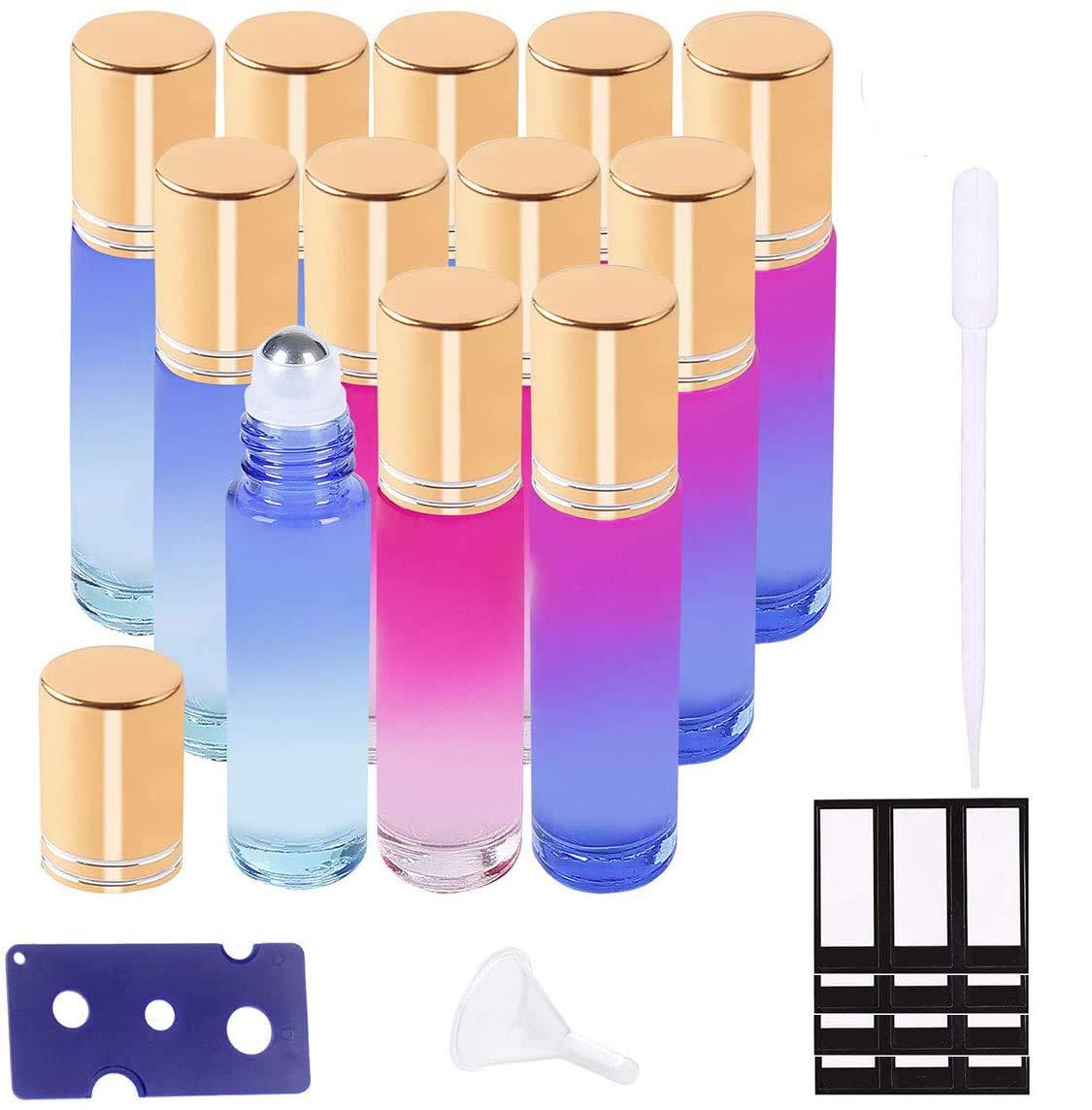 Essential Oils Roller Bottles 10ml 12PCS Rainbow Glass Bottles Refillable Container Aromatherapy (Funnels, openers, Labels, Plastic pipettes Included) Ideal for Home and Travel