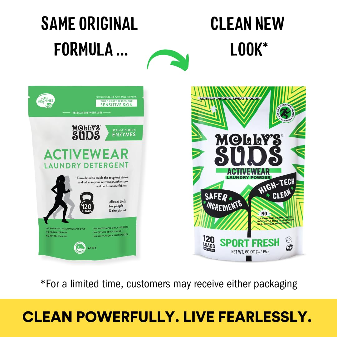 Molly's Suds Active Wear Laundry Detergent | Extra Strength Sport Laundry Powder, Stain Fighting for Performance Fabrics and Sensitive Skin | 120 Loads