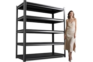 AOJUFEO 72" H/59 W Garage Shelving Heavy Duty Storage Shelves Adjustable Garage Shelves 5 Tier Metal Shelving Unit Utility Rack Shelf for Kitchen Warehouse Pantry Storage, Black, 72" H x 59" W x 20" D