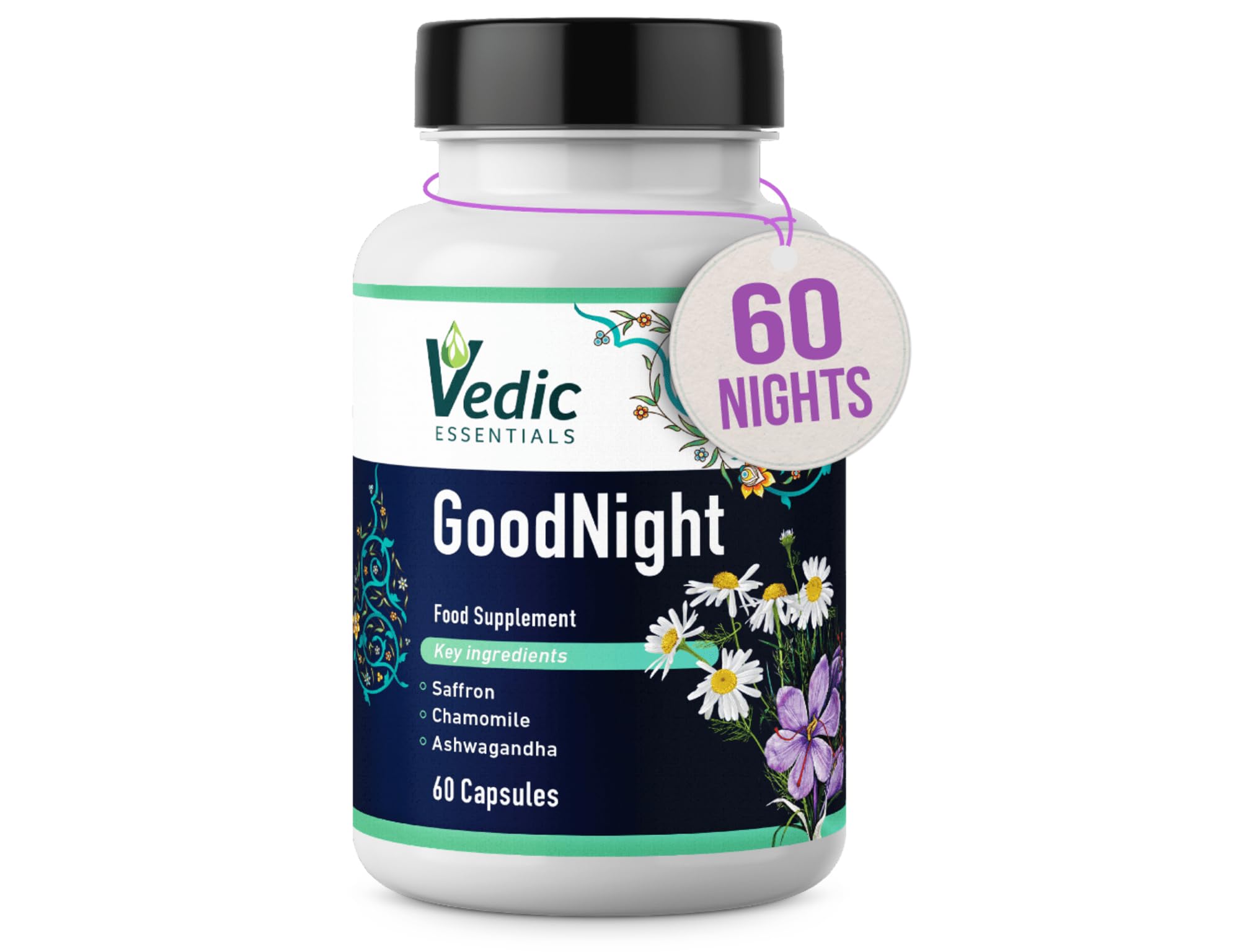 Vedic Saffron + Chamomile + Ashwagandha. Melatonin Alternative Natural Sleep Aid | Quick, Good Night Sleep | Vedic, Vegan, Halal, Gluten-Free Sleep Supplement | Stress & Anxiety Relief | 60 Nights