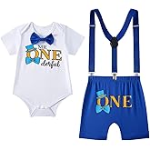 Baby Boys 1st Birthday Outfit Cake Smash Bowtie Romper + Shorts + Suspenders + Hat Clothes Set for Photo Shoot