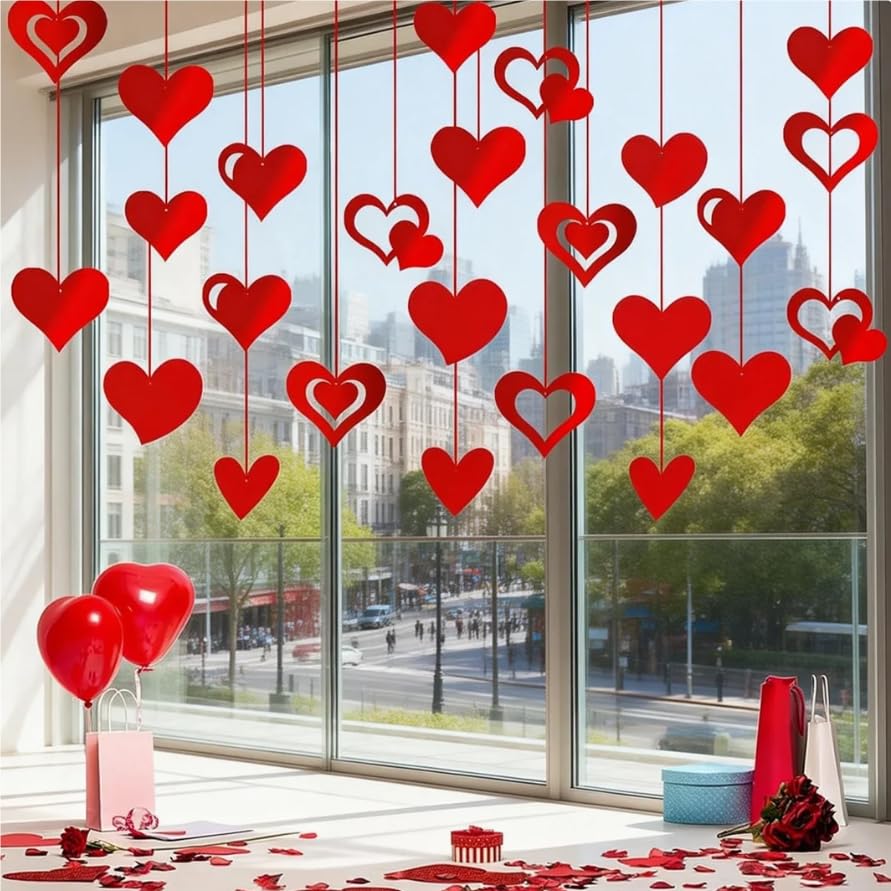 30 Pcs Valentine's Day Hanging Decorations Red Glitter Heart Decor Hearts Hanging Foil Decoration for Valentines Party Supplies Wedding Anniversary