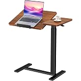 DUMOS Bedside Overbed Table with Wheels, Rolling Desk for Bedroom | Adjustable Laptop Standing Desk with Tilting Top Height, Mobile Computer Cart for Hospital Home Use, Brown