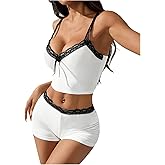 Milumia Women's 2 Piece Outfits Lace Trim V Neck Cami Crop Top Mini Shorts Sets Loungewear