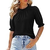 CHICZONE Women's Mock Neck Casual Summer Tops Ruffle Short Sleeve Keyhole Back Boho Blouses