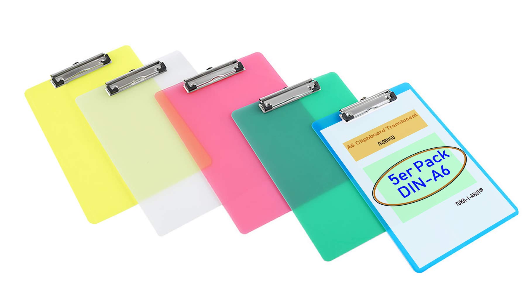 [Pack of 5] A6 Clipbboard Translucent Plastic, Rubberized Metal clamp, Durable Assorted Coloured Paper Holder Writing Memo Document Form Holder, Writing Board, 5 Colors, TKD8050-A6-5X