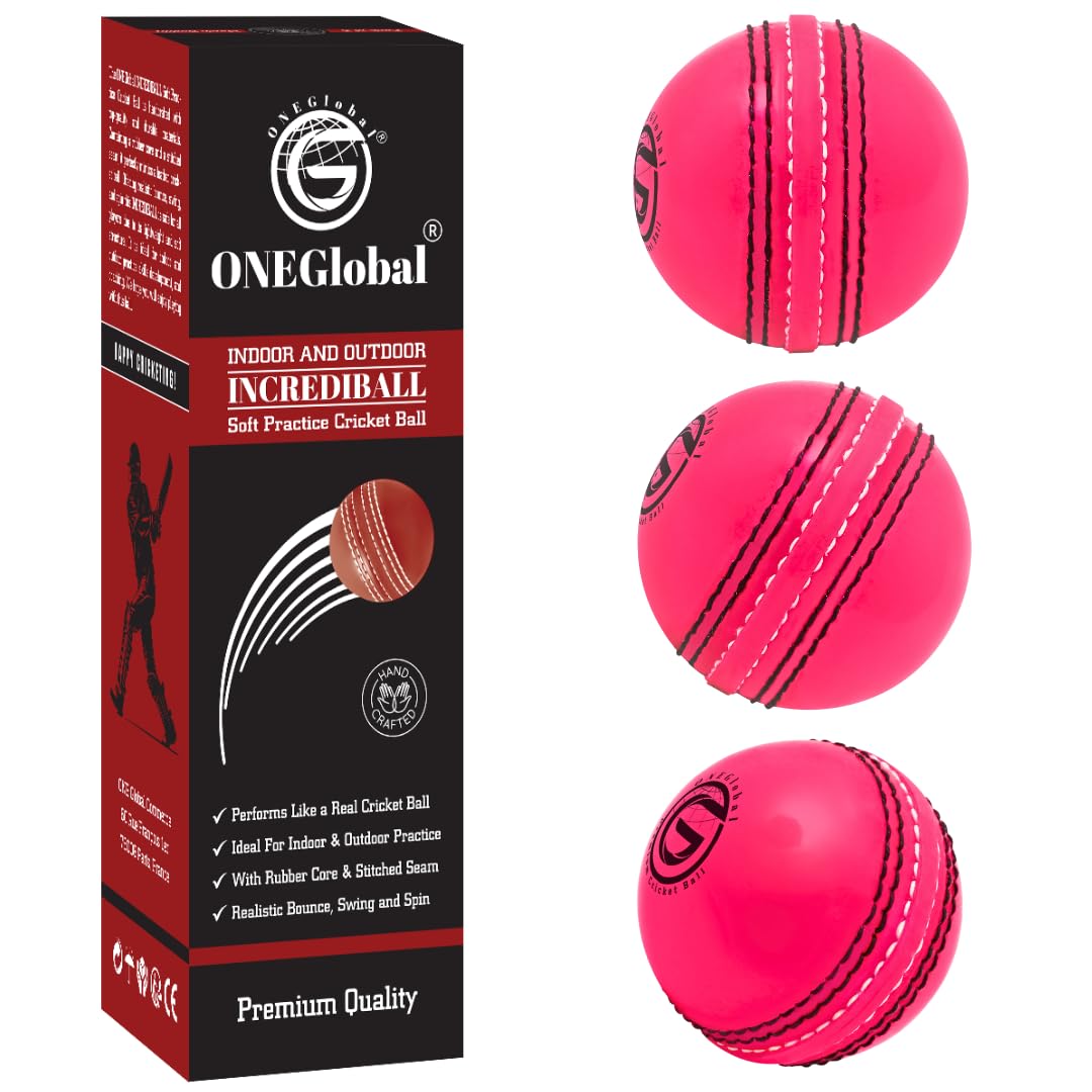 ONEGlobal Incrediball Soft Practice Cricket Ball | Outdoor & Indoor Rubber Cricket Ball With Core & Stitched Seam | For Practice, Training & Family Fun | Senior & Junior Size (3 Pink, Senior)