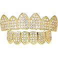 HH BLING EMPIRE Iced Out Diamond Teeth Grillz for Men Women, Hip Hop Silver Gold Grills for your teeth Top and Bottom, Rapper Costume Mouth Grillz with Silicone Molding Bars