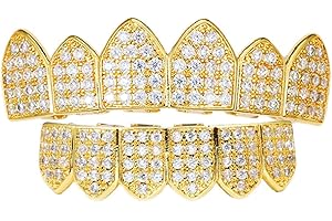 HH BLING EMPIRE Iced Out Diamond Teeth Grillz for Men Women, Hip Hop Silver Gold Grills for your teeth Top and Bottom, Rapper Costume Mouth Grillz with Silicone Molding Bars