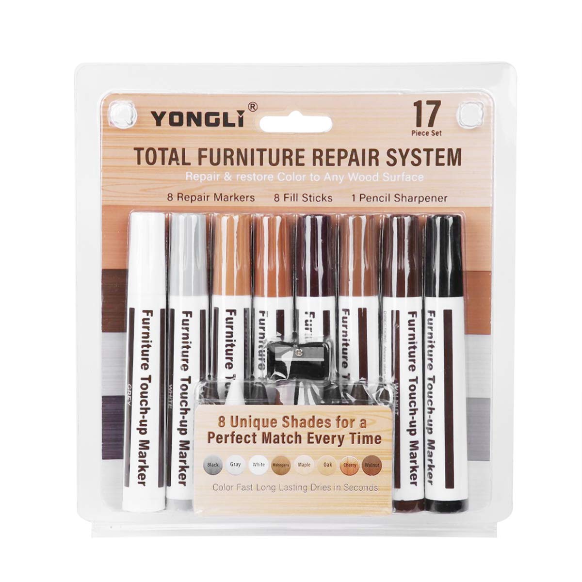17PCS Furniture Repair Kits Wood Repair Markers Touch Up Repair Pen,Scratch Repair Kit,Markers and Wax Sticks,Remover for Stains,Scratches,Wood Floors,Tables,Carpenters,Bedposts