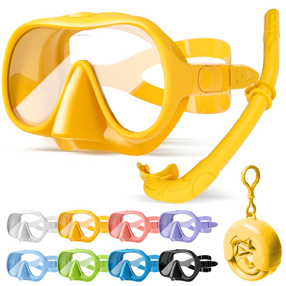 HINATAA Snorkel Set Adults, Fashionable Macaron Colors Frameless Snorkeling Mask, Ultra Wide View Anti-Fog Snorkel Mask Set, Portable Professional Diving Snorkeling Set (Yellow)