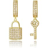 TOPGRILLZ Iced Out Dangle Hoop Earrings 14K Golden Plated 5A+ Cubic Zirconia Star Pin Lock Key Cartilage Hoop Dangle Drop Earrings For Men Women