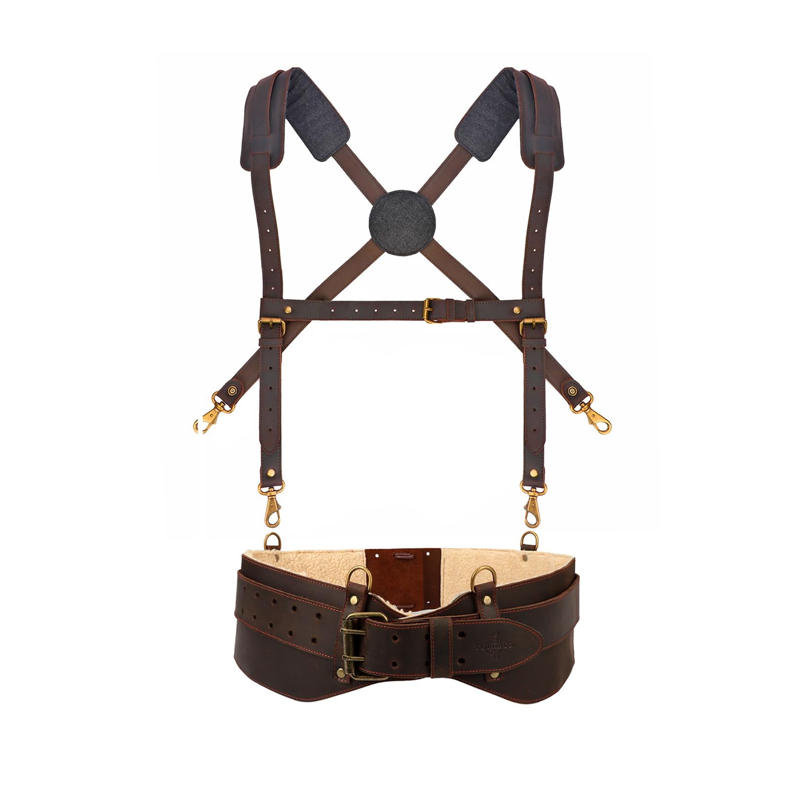 TOURBON Genuine Leather Tool Belt with Brace Heavy Duty Work Suspenders for Electrician Carpenter Construction