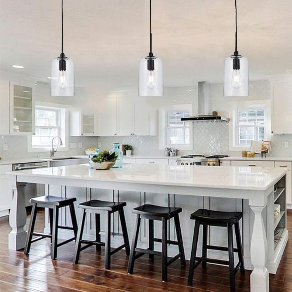 CASILVON Industrial Farmhouse Hanging Clear Seeded Glass Pendant Light, Lamp Ceiling Pendant Light Fixture with Adjustable Cord for Restaurant Living Room Kitchen Island Dinning Room Kitchen Sink - - 