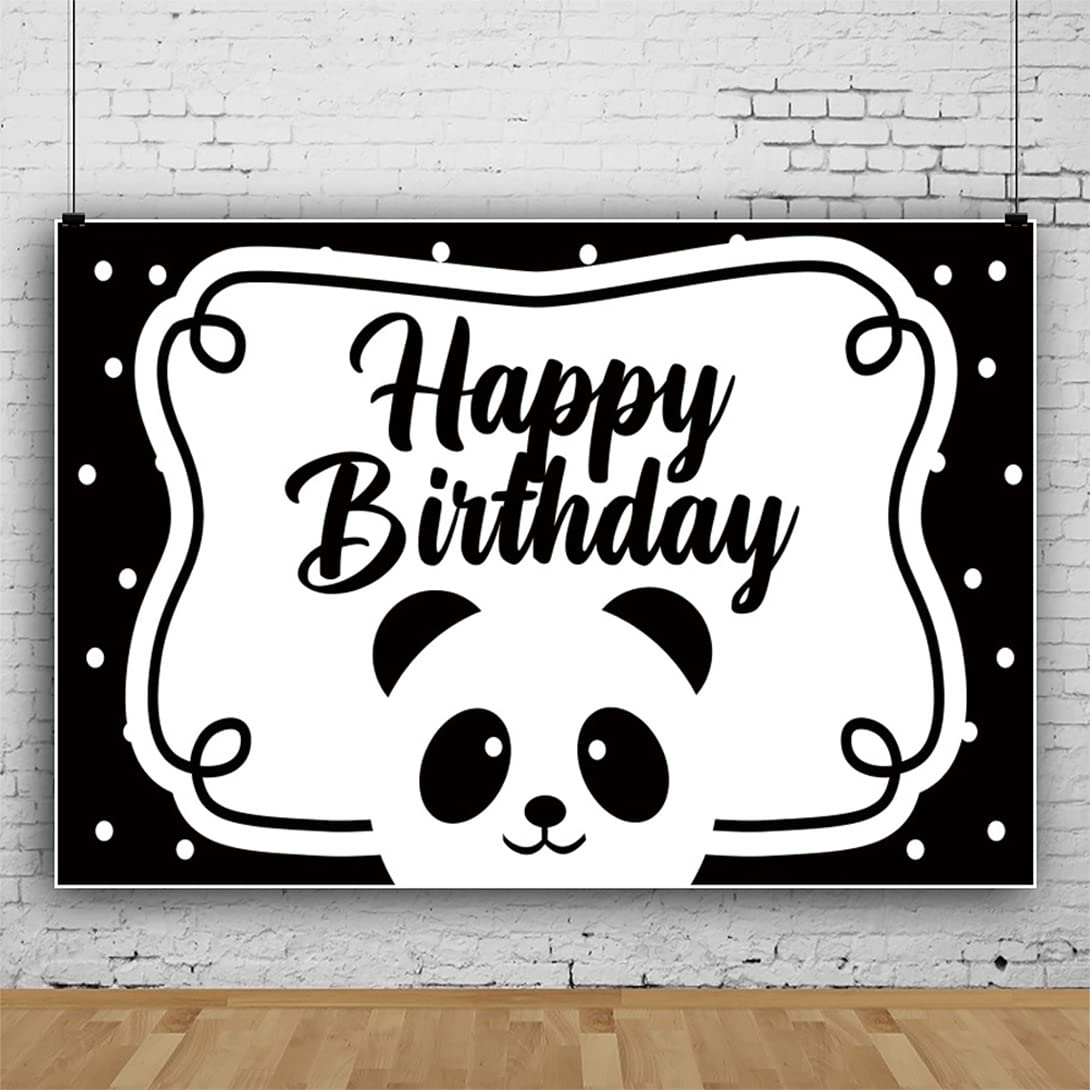 Bovlleetd 9x6ft Happy Birthday Photography Background Panda Black White Themed Backdrop Kids Boy Girl Birthday Party Banner for Birthday Party Decoration Props Cake Table Banner