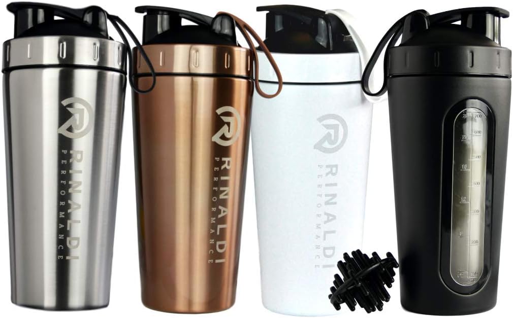 Rinaldi Performance Protein Shaker Bottle, Stainless Steel Mixer Bottle with Visual Window, Dishwasher Safe BPA Free Blender Cup for Gym Workout Fitness, 28oz (Copper/Rose Gold)