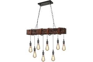 KEESFU 8-Lights Rustic Chandeliers for Dining Room, Farmhouse Wooden Ceiling Pendant Light, Height Adjustable, Rectangle Chandelier for Kitchen Island Dining Room Bar Pool Table Cabin.