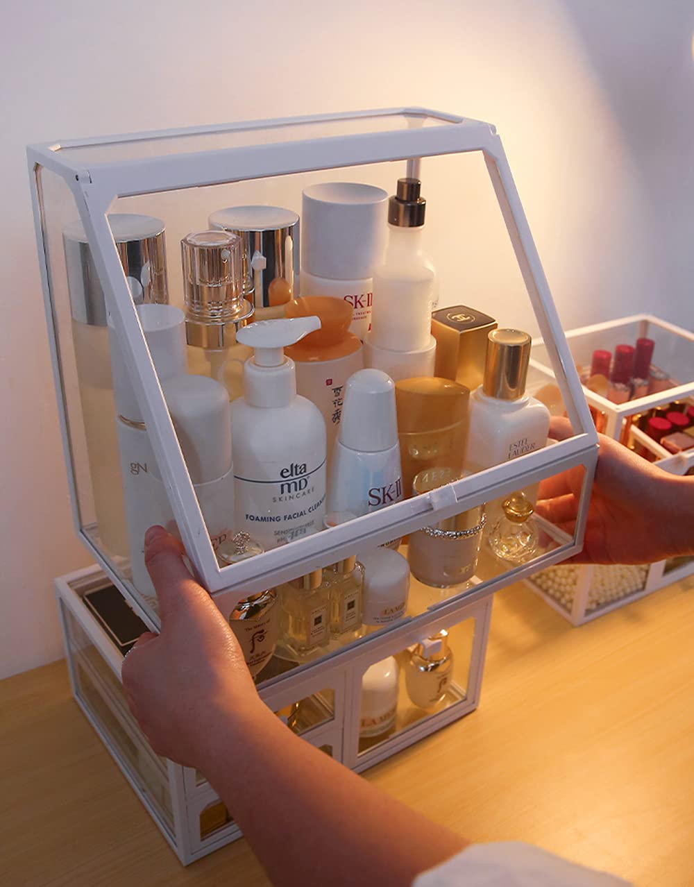 MOOCHI White Vintage Glass Cosmetic Makeup Organizer 3 Drawers Set Dust Waterproof Cosmetics Storage Display Case Countertop for Brushes Lipsticks Jewelry: Beauty