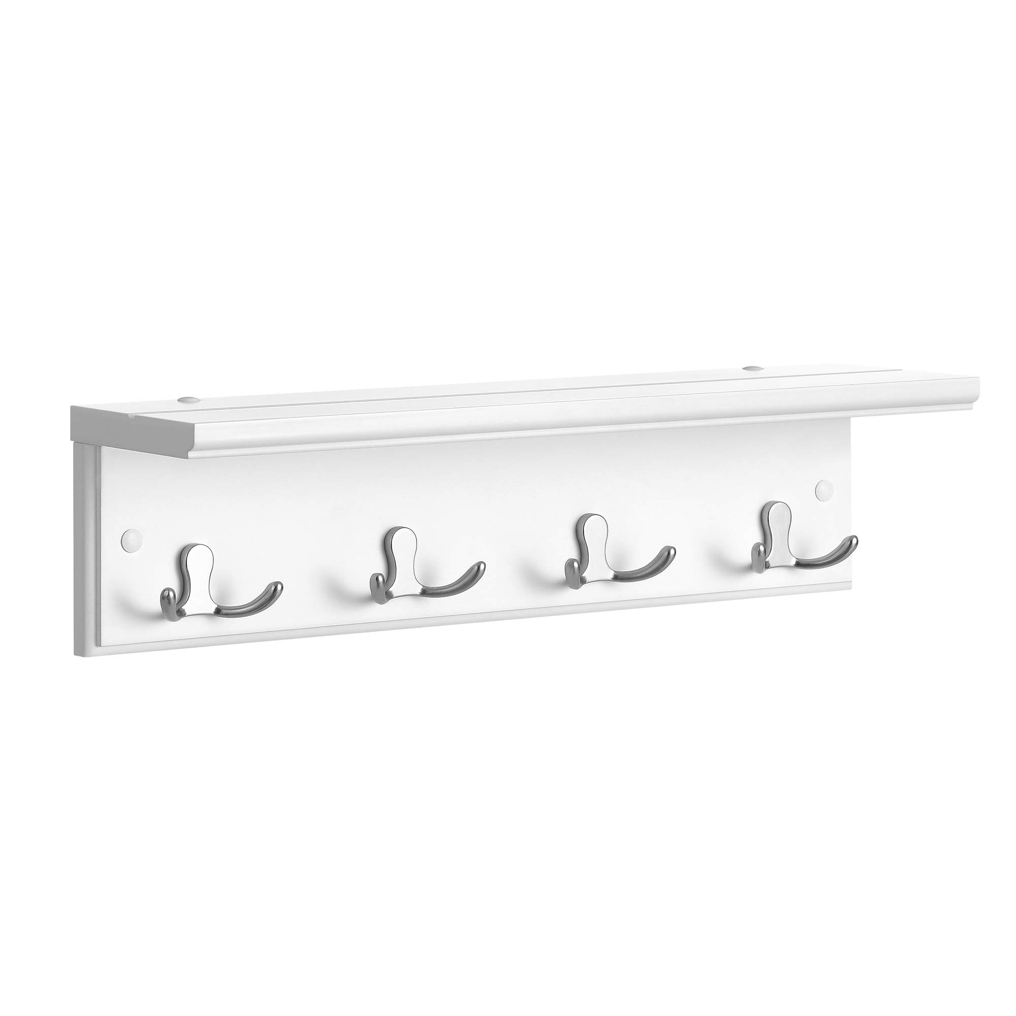 SONGMICS Wall-Mounted Coat Rack with 4 Metal Dual Hooks, Wooden Wall Hook Rack for Bedroom, Entryway, Bathroom, Kitchen, Living Room, White LHR42WT