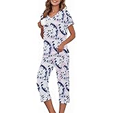 American Trends Womens Pajama Sets Cotton Blend Short Sleeve Sleepwear Soft Capri Pjs for Lounging Two Piece Set S-3XL