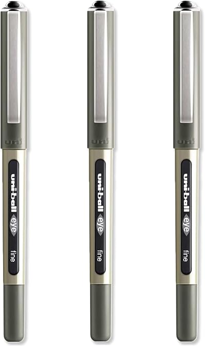 uni-ball Set of 3 Rollerball Pens Black Ink 0.7mm Uni-Flow Stainless Steel