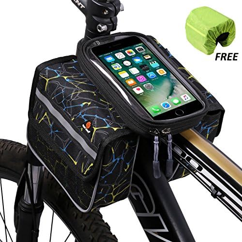 Bike Frame Bag, Bicycle Front Top Tube Bag Touch Screen Mobile Phone Bag, Multifunctional Cycling Pannier Bag with Rain Cover, Outdoor Cycling Bicycle Accessories (3 Colors)