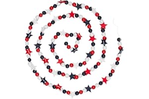 One Holiday Way 9 Foot Decorative Red White and Blue Wood Bead Garland with Wooden Stars – Vintage Patriotic July 4th Decoration Rustic Americana Home Décor