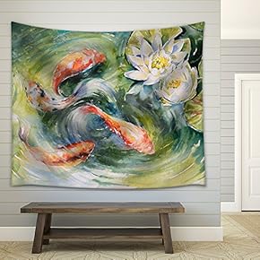 Colorful Fishes Swimming in Pond .Picture Created with Watercolors. - Fabric Wall Tapestry Home Decor - 51x60 inches