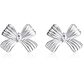 Aliyoham Silver Ruffled Bow Earrings for Women, Hypoallergenic Sterling Silver Stud Earrings Jewelry for Women