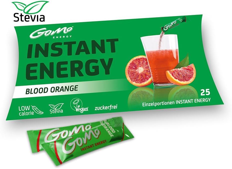 GoMo ENERGY® sugarfree and vegan Energy Drink │ Stevia sweetened Energy Booster for increased focus and better performance│ High doses of vitamin B12, Zinc, Caffeine and Magnesium improve brain function and reduce tiredness │Blood Orange flavour – 25 single serve sticks