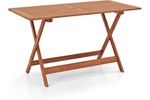 CLEEMAN Outdoor Dining Table, Solid Wood Long Outdoor Tables with 2" Umbrella Hole & X-Shaped Support Legs, Patio Table for Porch Balcony Deck Garden Yard, Teak Oil Finish