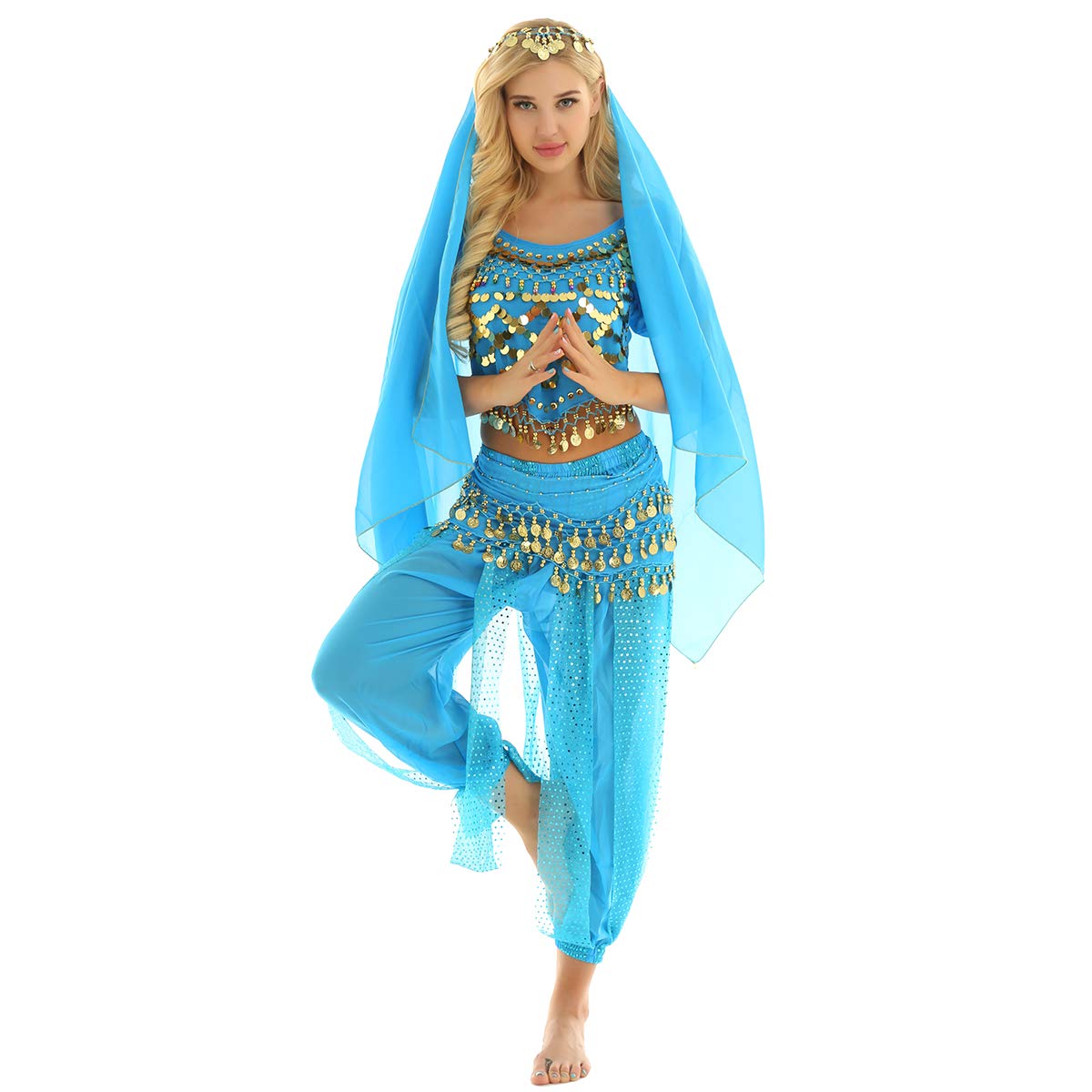 Alvivi Women's Chiffon Sequins Belly Dance Suit Outfits Indian Dance Stage Performance Costume Lake Blue One Size