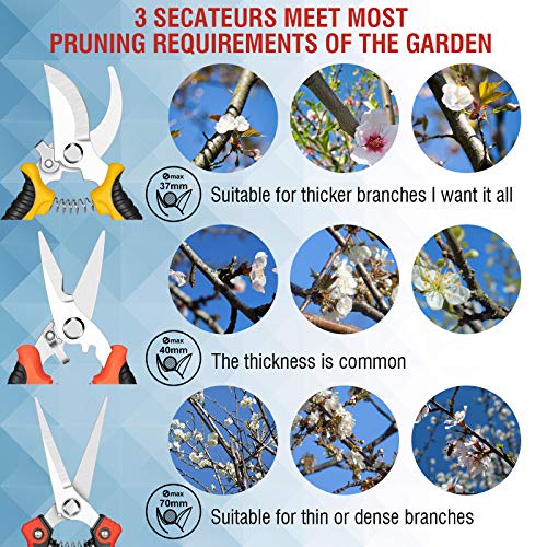 Sécateur de Jardin, Secateur force cisaille jardinage en acier inoxydable Sharp avec sac de rangement, mécanisme de verrouillage et poignée antidérapante pour tiges de branches, fleurs, haies, fruits