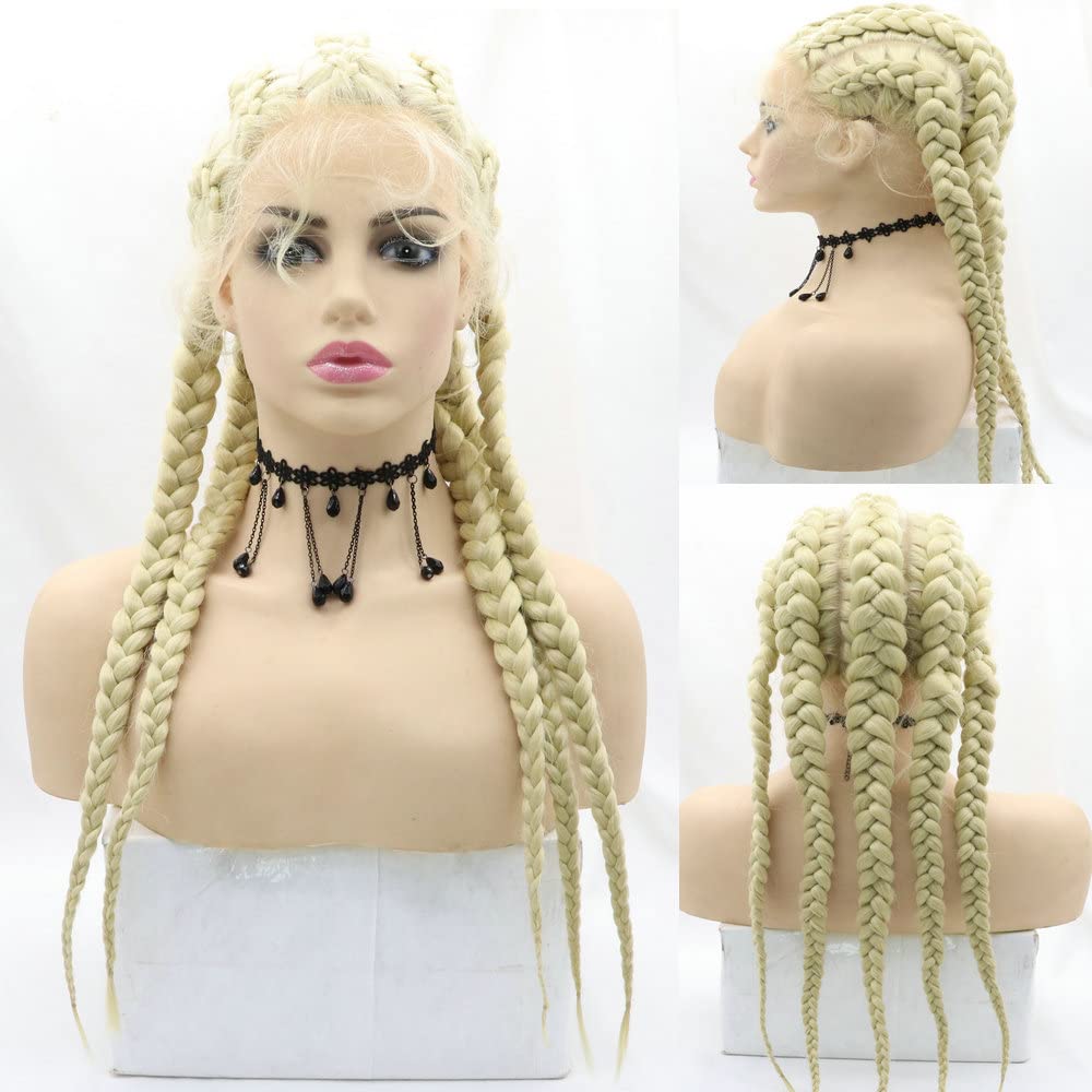 28'' Long Lace Front Braided Wigs With Baby Hair for Women 5 Twist 613# Blonde Synthetic Frontal Lace Twisted Box Braiding hair