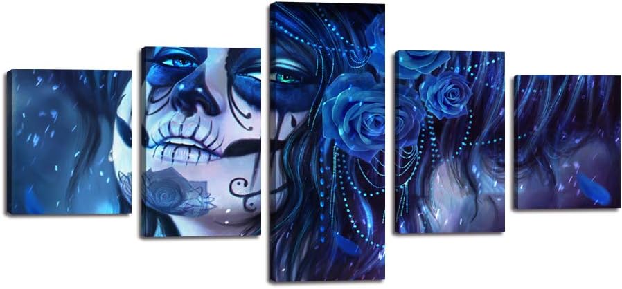 Blue Sugar Skull Girl Canvas Day of the Dead Wall Art Painting 5 Piece Modern Posters and Prints Awesome Girl Pictures for Living Room,Home Decor Gallery-wrapped Framed Stretched(50''Wx24''H)