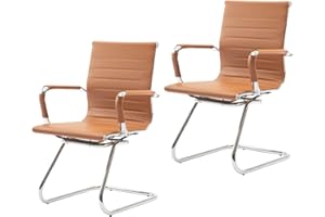 CIMOTA Waiting Room Chairs Leather Office Guest Chair Mid Back Reception Chairs with Sled Base for Meeting/Patient/Conference Room, Brownish Yellow Set of 2