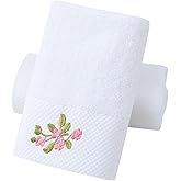 Pidada Hand Towels Set of 2 Embroidered Floral Pattern 100% Cotton Absorbent Soft Decorative Towel for Bathroom (White Pattern 3)