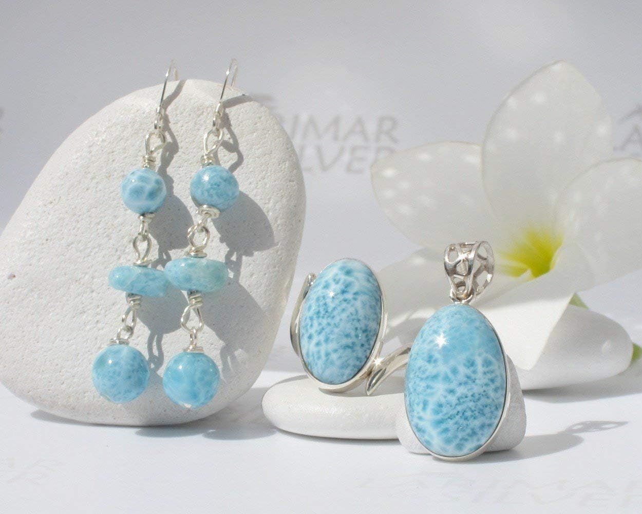 Larimar set by Larimarandsilver, mottled Larimar bead and pear set, handmade Larimar ring, Larimar Pendant and earrings – AZ212