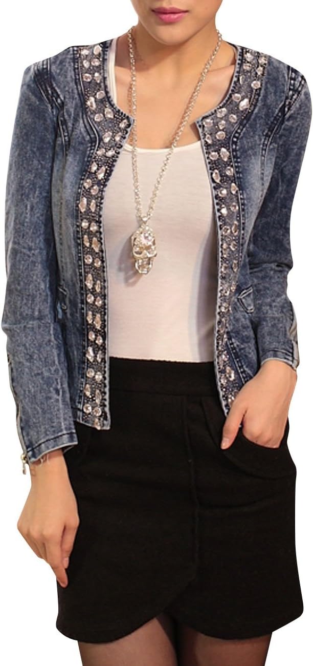 Dasior Women's Collarless Slim Fit Denim Jacket Coat with Rhinestone Decoration