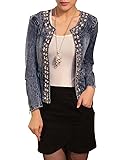 Dasior Women's Collarless Slim Fit Denim Jacket Coat with Rhinestone Decoration