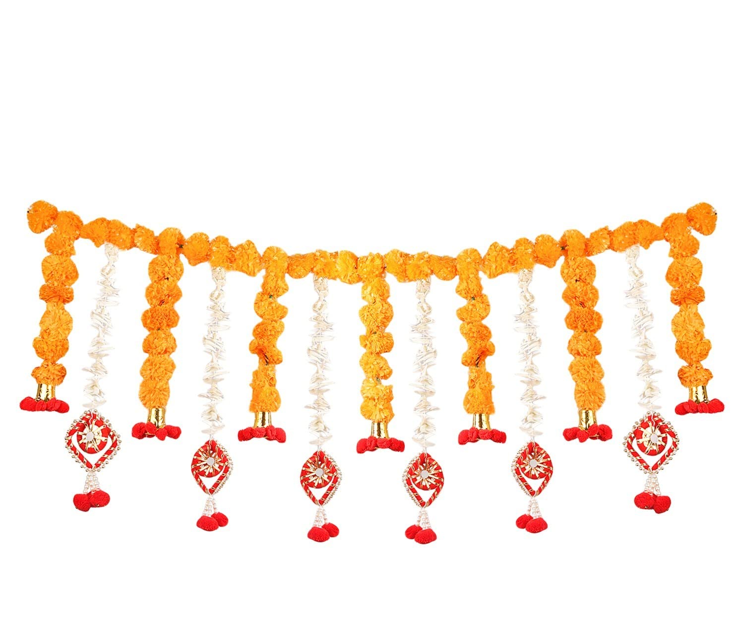 Indian handcrafted diwali marigold jasmine toran with bell, perals and mirrors door hangings decor wedding mehndi party