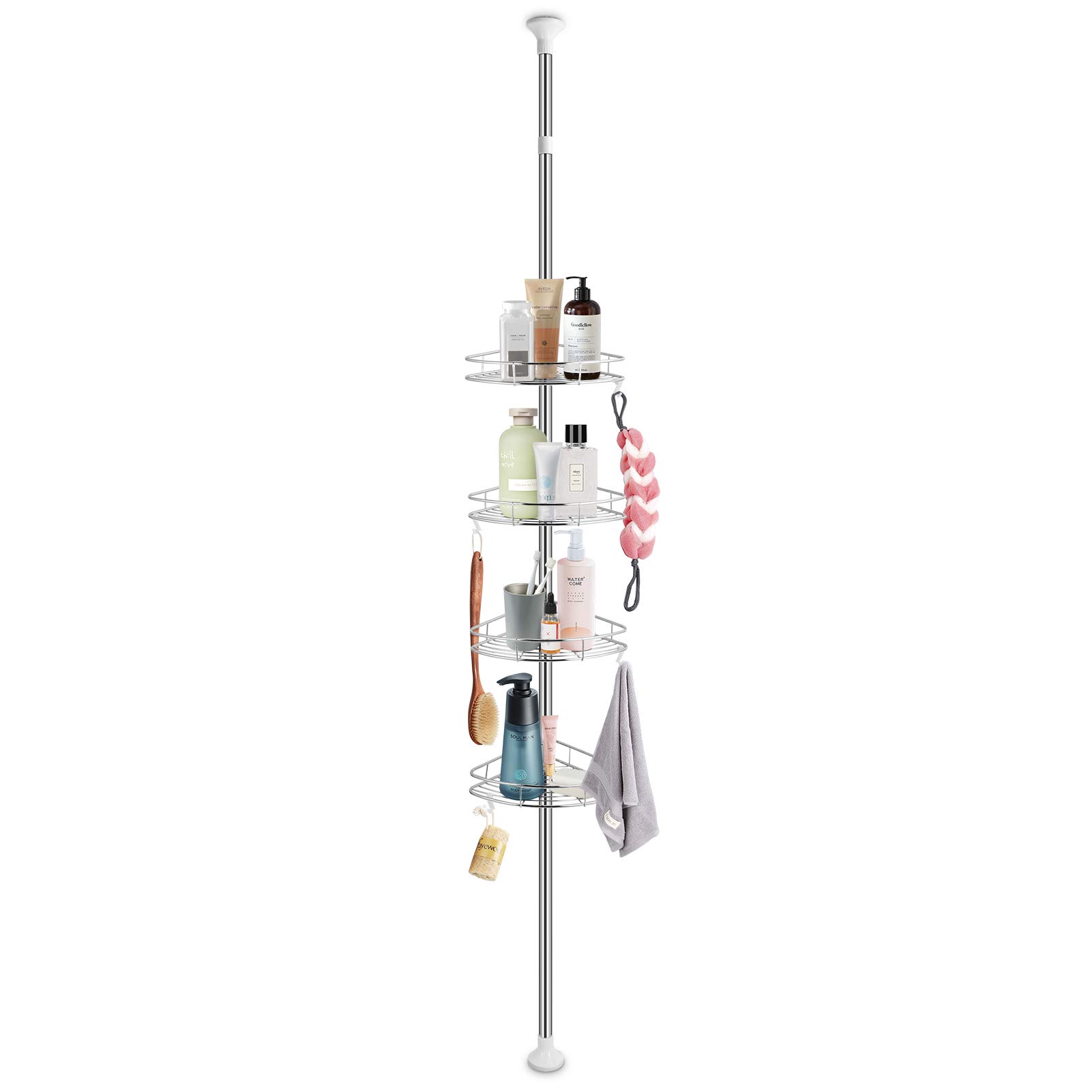 Ejoyous 4-Tier Shower Corner Shelf, 233-243cm Adjustable Bathroom Caddy Organiser With Hooks, Silver
